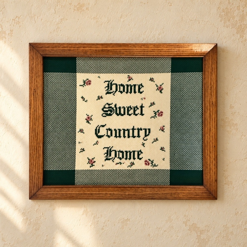 Vintage Handmade Home Sweet Country Home Cross Stitch Framed Wall Art 14x11.5